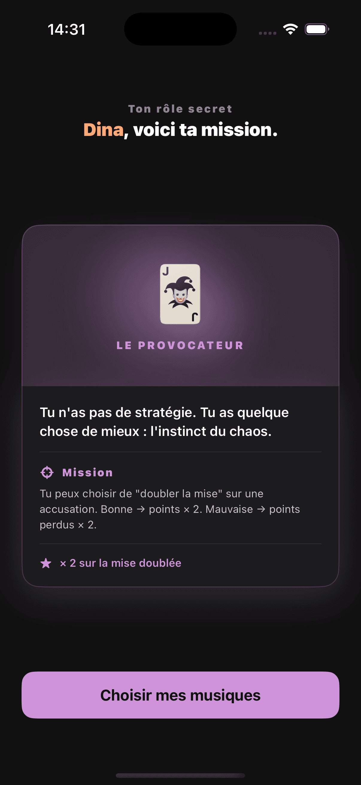 Écran rôle secret dans le mode Infiltré